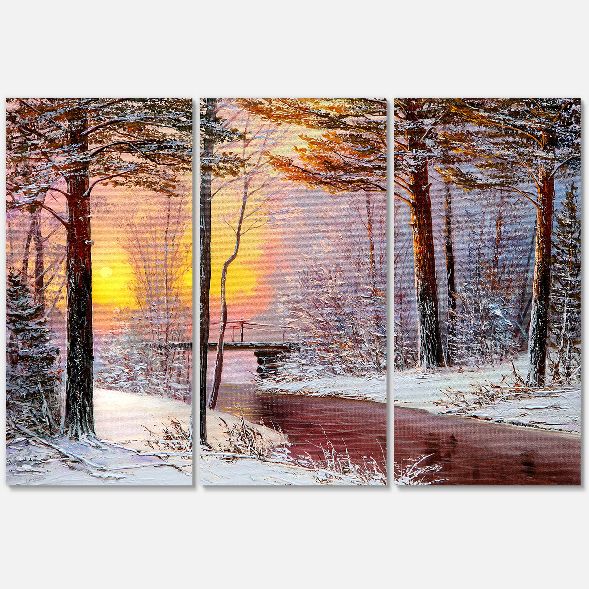 Designart - Christmas Forest With River and Trees IV - Traditional Canvas Wall Art Print